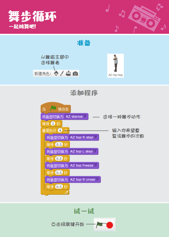少儿编程 教程丨Scratch编程趣味卡 - 9.一起跳舞吧
