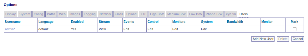 树莓派3-家庭监控软件Zoneminder参数Users