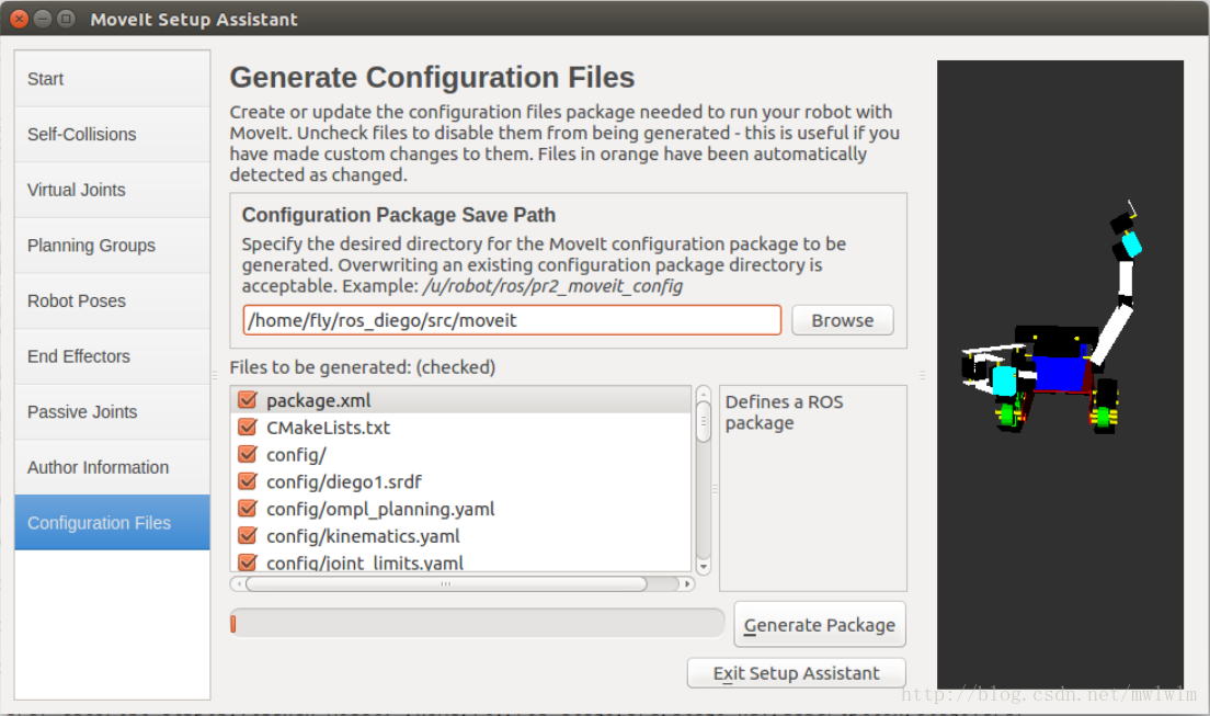ROS机器人Diego制作17-配置moveit，生成配置包