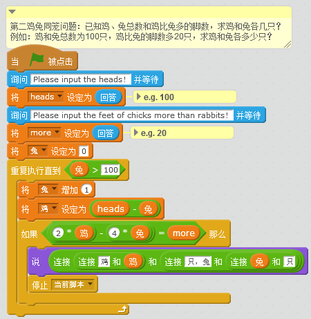 用Scratch巧解数学题——第二鸡兔同笼