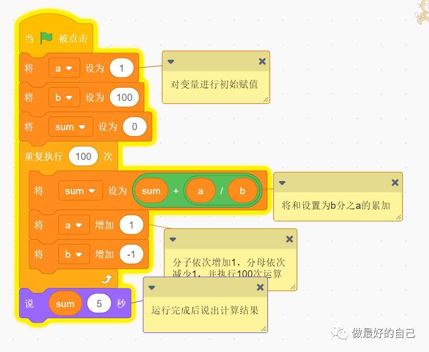 Scratch编程——2019.5.17 编程案例-a分之b累加