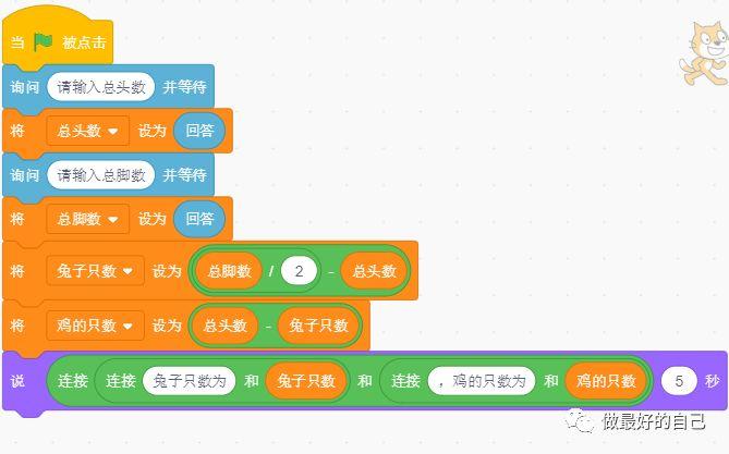 Scratch编程——2019.5.12 编程案例-鸡兔同笼 Scratch编程——2019.5.12 编程案例-鸡兔同笼
