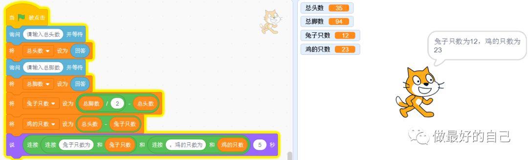 Scratch编程——2019.5.12 编程案例-鸡兔同笼 Scratch编程——2019.5.12 编程案例-鸡兔同笼